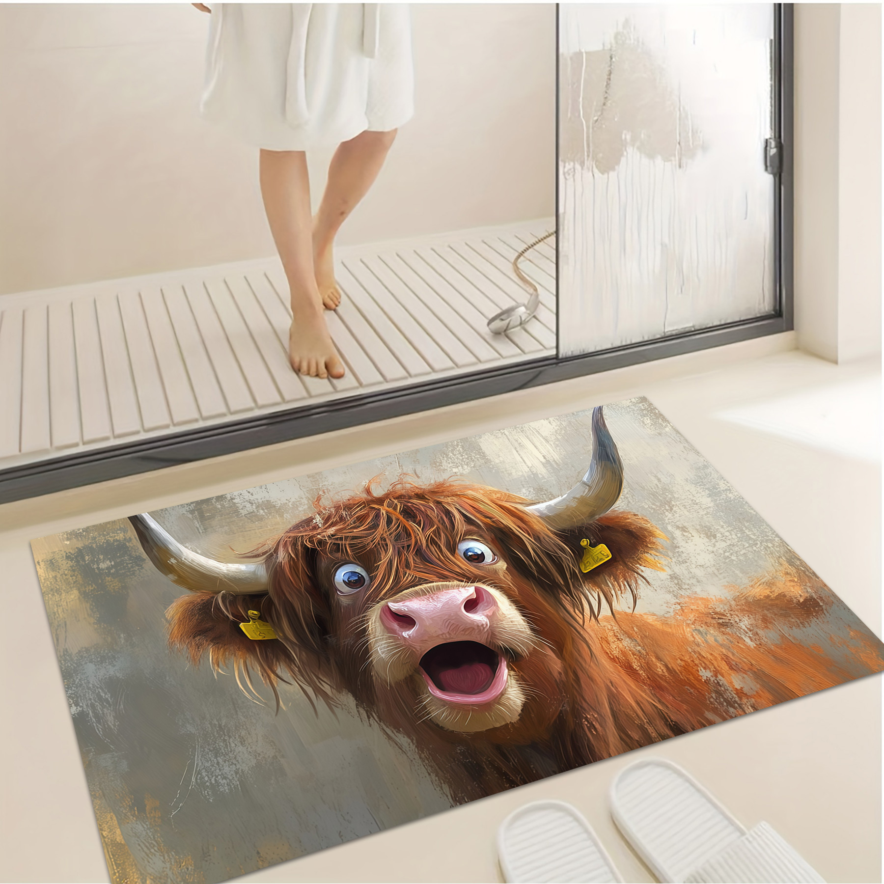 Image of 1pc Tayagxg Flannel Bath Mat Suitable For Bathroom, Non-slip Absorbent With Adorable Cow Pattern, Thick Warm Suitable For Shower, Bedside, Winter Use, Machine Washable Nordic Cow Print Bath For &