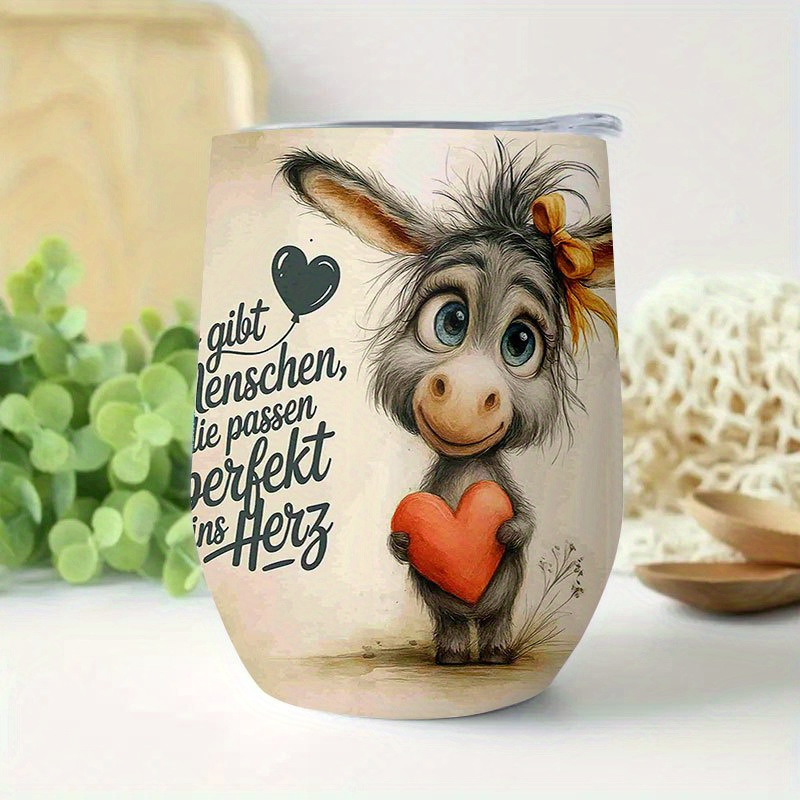 Image of 1pc Cute Donkey & German Phrases (donkey Love/heart) 12oz Stainless Steel Coffee Mug Cup - Leak-proof Lid, 304 Stainless Steel, Hand Wash Only, Gift For, S, Donkey Lovers, Party, Everyday Use