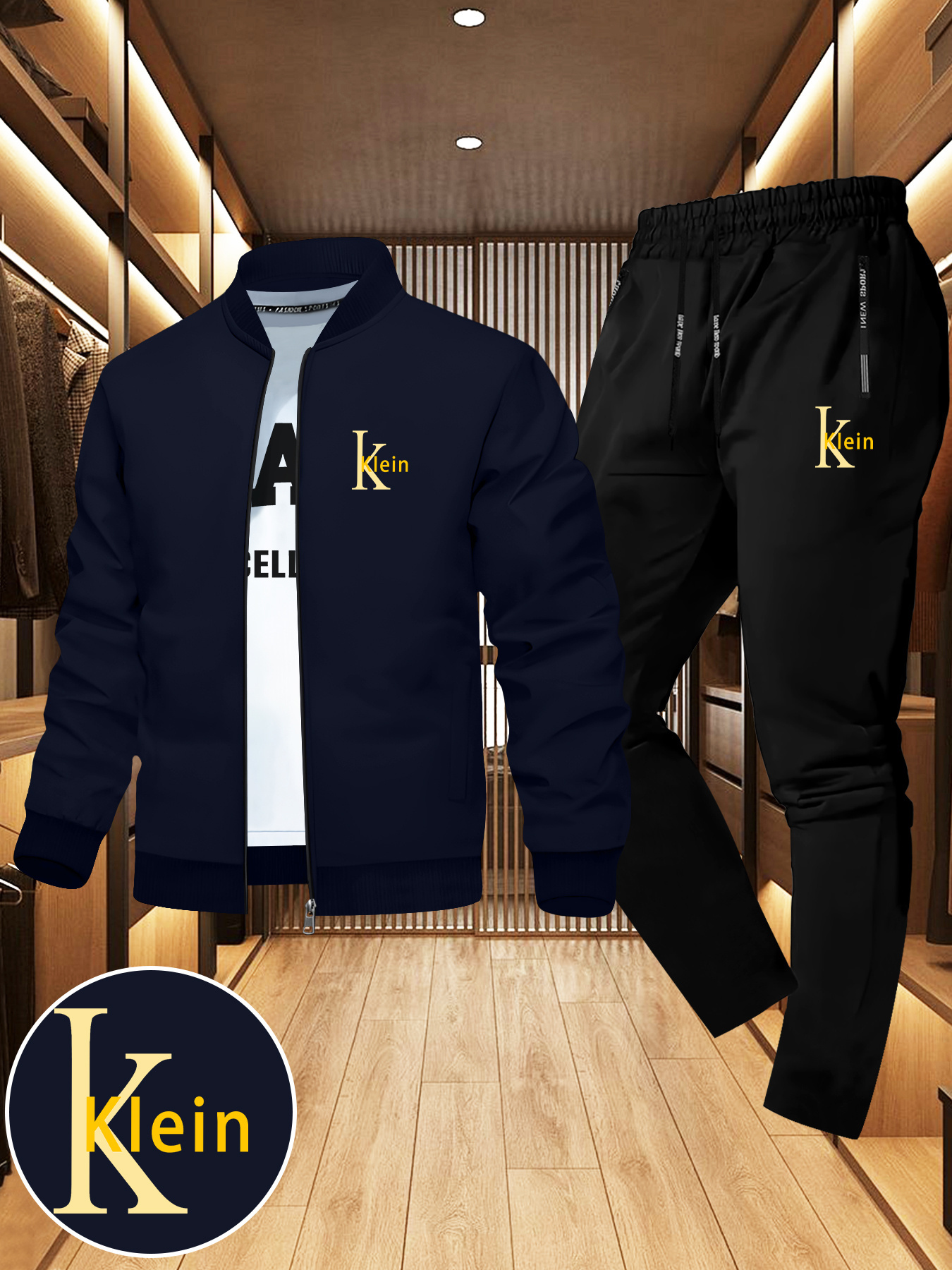 Trendy herenjas en broekset met klein letterpatroon | Casual jeugd business baseball kraag