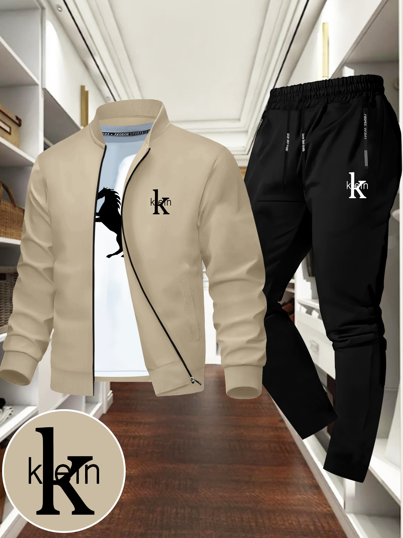 Heren Trendy Design Letterpatroon Jasje Tweedelige Set, Casual Jeugd Zakelijk Baseball Stand Kraag Sport Blazer Pak
