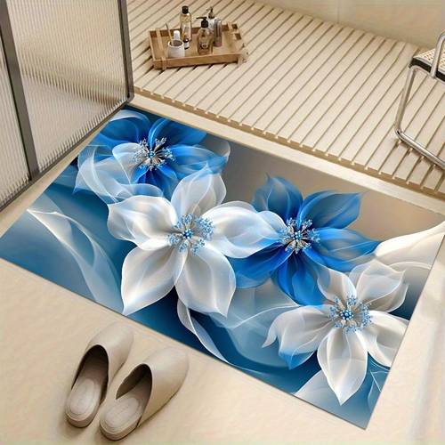 1pc flannel rectangular doorway rug 10mm thickness 500g with exquisite flannel floor mat featuring a blue and white floral pattern machine washable suitable for bathroom entrances bathrooms restroom entrances