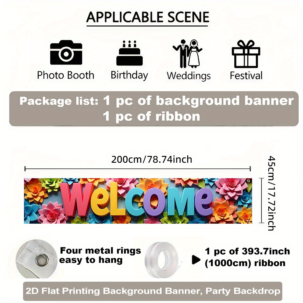 TEMU Bannière de Grande 2D Plate, 1 Pièce avec Fleurs Colorées et Lettres Multicolores - Décoration pour Fêtes en Style Ballon, Toile Durable pour