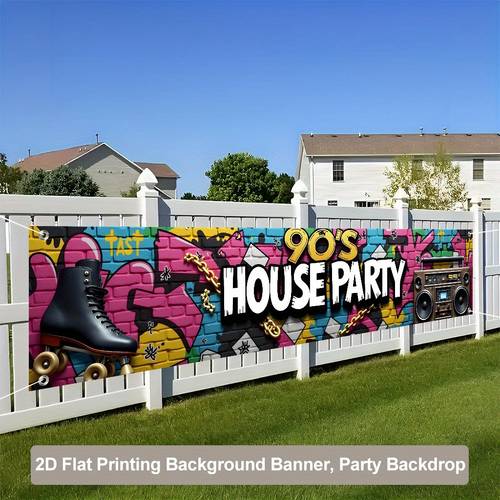 2d flat 2d 2d party banner a nostalgic retro 90s themed backdrop suitable for fences lawns and indoor or outdoor party decorations no power required measuring 17 7 78 7 inches 45 200 cm