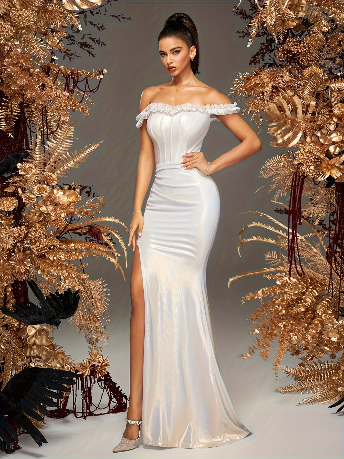 Sophisticated Off-The-Shoulder Evening Dress for Women - A Long Formal Gown  Featuring a Bodycon Fit And Flowing Ruffle Neckline, Ideal for Prom,  Weddings, Bridesmaids, And Evening Events - * Evening ...