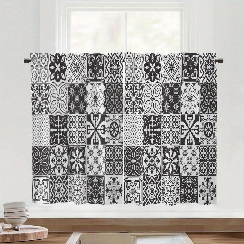 TEMU 2pcs Retro Style Black And White Geometric Floral Pattern Short Curtains, Strong Decorative Effect, Kitchen Short Curtains, Bedroom Short