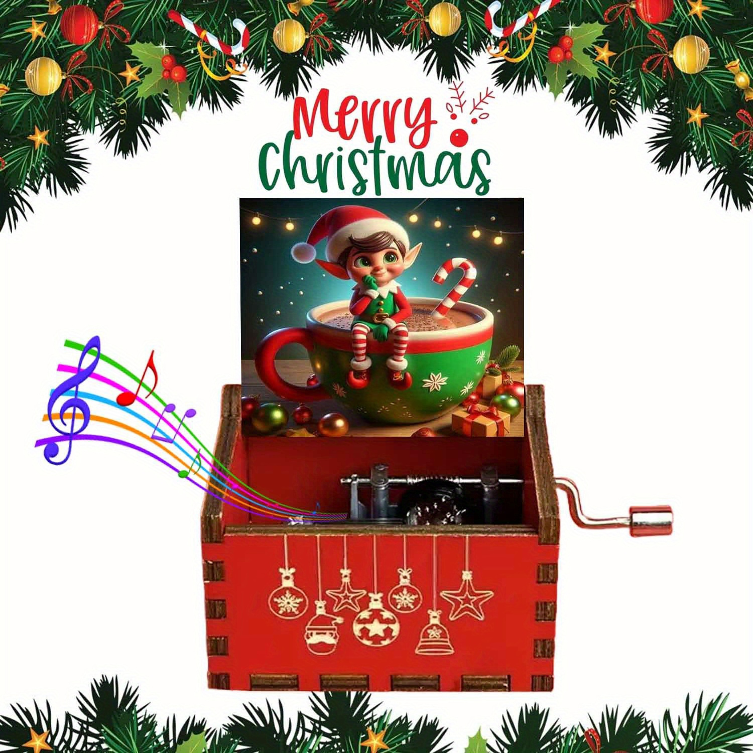 Image of 1 Vintage Wooden Music Box With A Hand Crank, Featuring A Elf In A Festive Mug Design. A Wonderful Gift For During Christmas, Birthdays, Or New Year's, And Serves As A Lovely Home Decor Piece