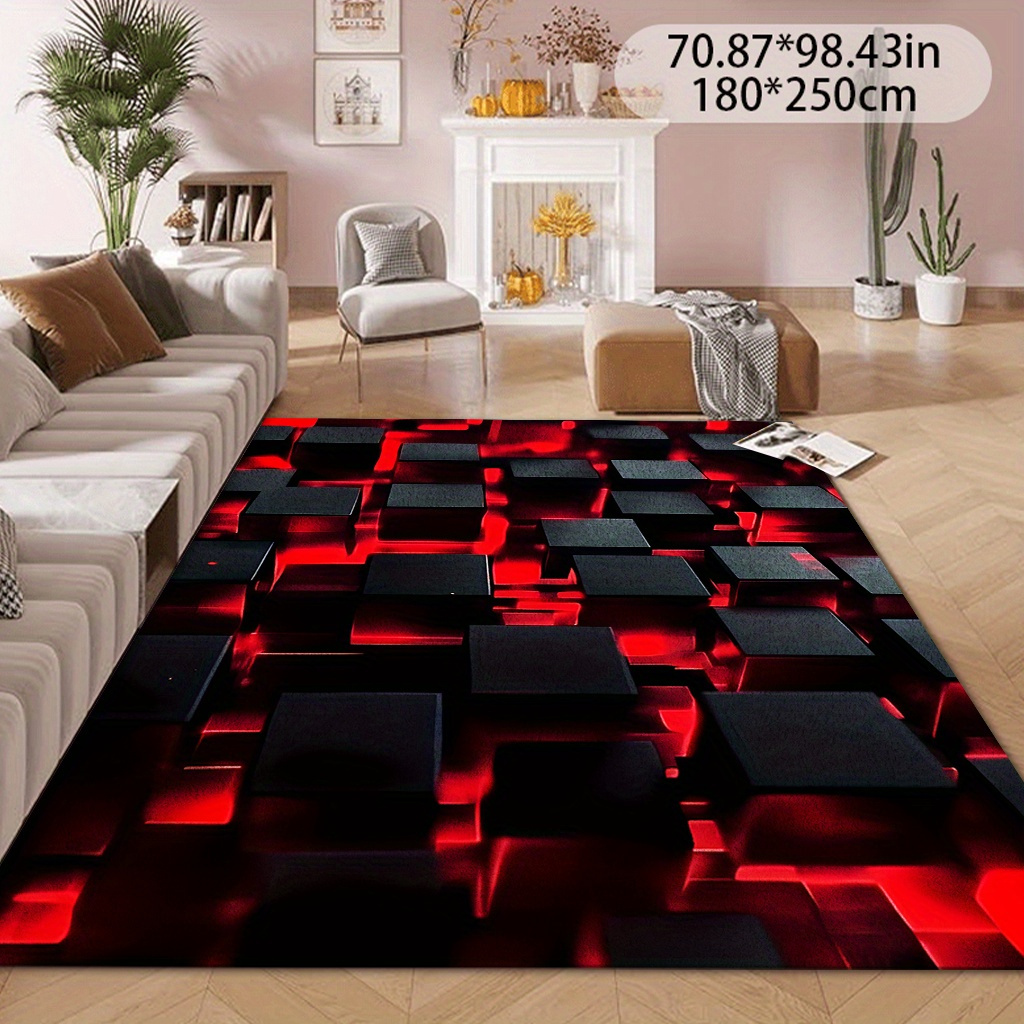 TEMU 1pc Red Square Pattern Mat, Machine Washable Non-slip, Thickened Lightweight , Living Room/bedroom/entryway/entrance, Front