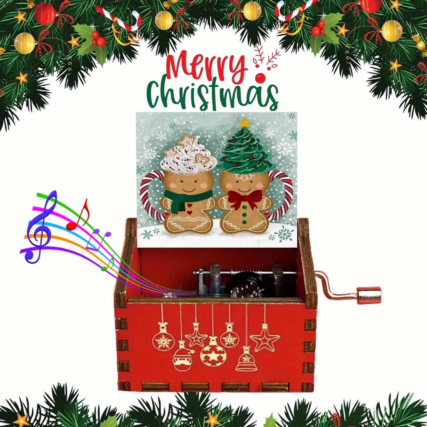 1pc Vintage Hand-cranked Wooden Music Box With Gingerbread For Man Design & Lullaby/tune - Wood (linden Wood) Crank Mechanism, Retro Musical Box For Christmas, Birthdays, New Year Gifts, Or Home Decor