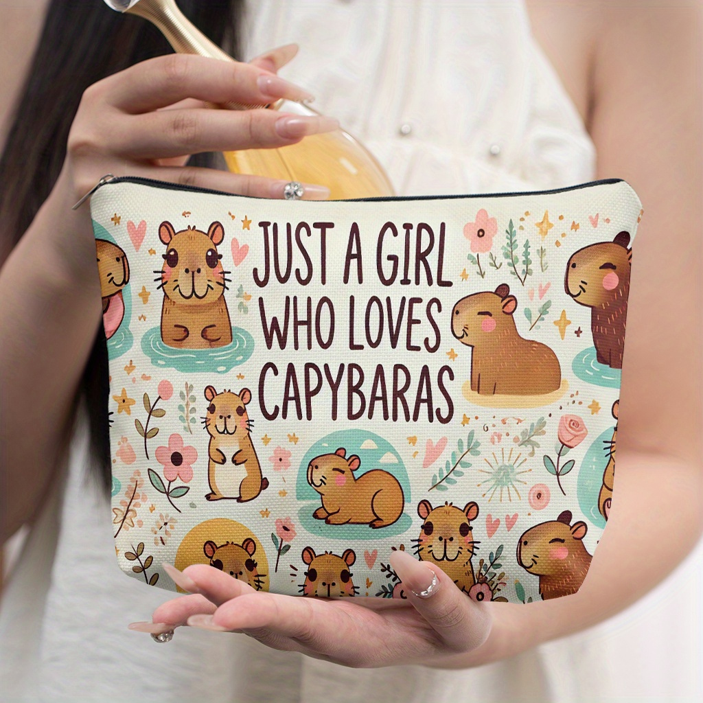 TEMU 1pc, Cartoon Capybara Print Cosmetic Bag, Printed With English Slogans, Flowers And Poses Of Capybara Patterns, Double-sided Printing, Portable