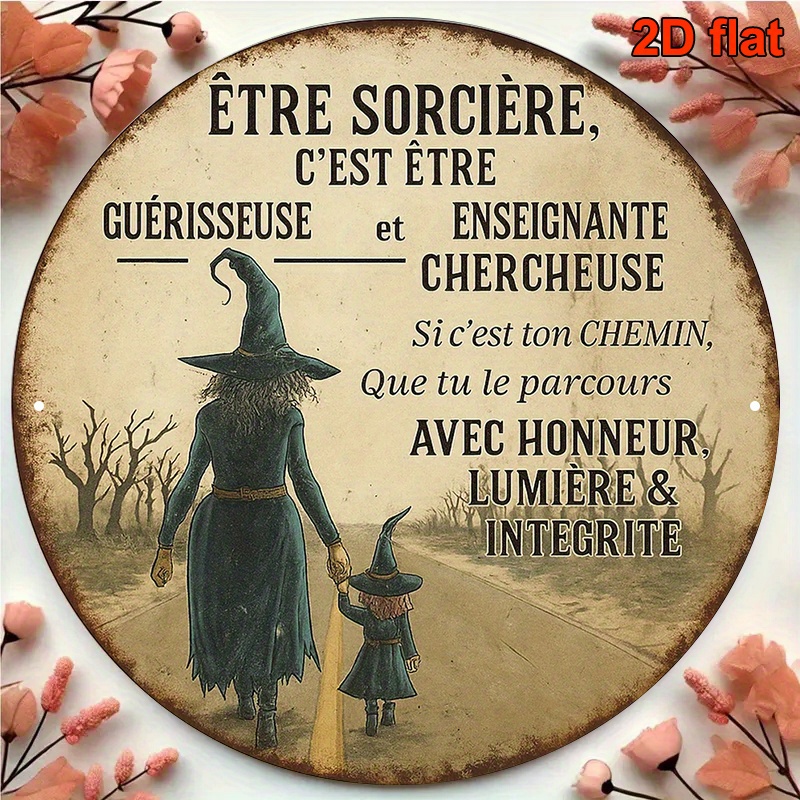 TEMU Panneau rond plat 2D en aluminium français de 20,32 x 20,32 cm, "Définition d'une sorcière" Panneau décoratif vintage, Art mural sur le thème de