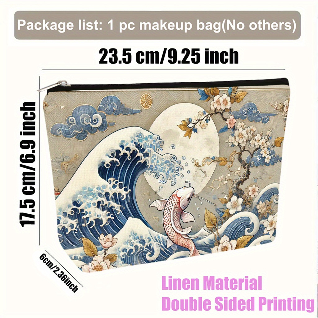 TEMU Cosmetic Bag 1pc, Fish Jumping Over Moon Scene Lightweight Foldable Makeup Bag, Travel Toiletry Pouch, Zipper Closure, Gift For Women, Best