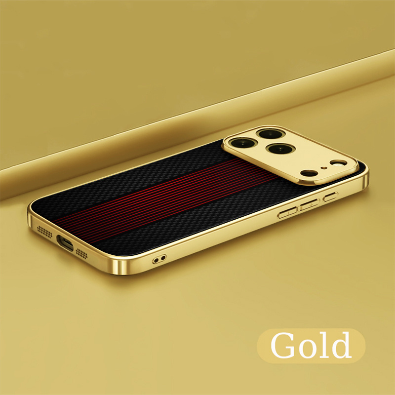 TEMU Stocking Stuffers Electroplating Tempered Glass Back With - Fiber And Red Stripes Pattern Phone Case For 17 Air 16 Pro Max 15 14 Plus 13 12 11,