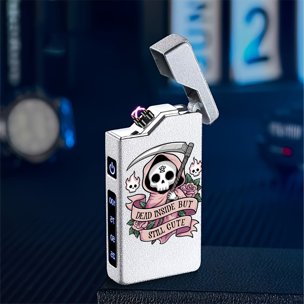 TEMU 1pc Windproof With Handheld Printed Pink And , Type-c Rechargeable Lighter, Metal Shell, Power Indicator, Dual Arc, Gift Box Packaging, Program,