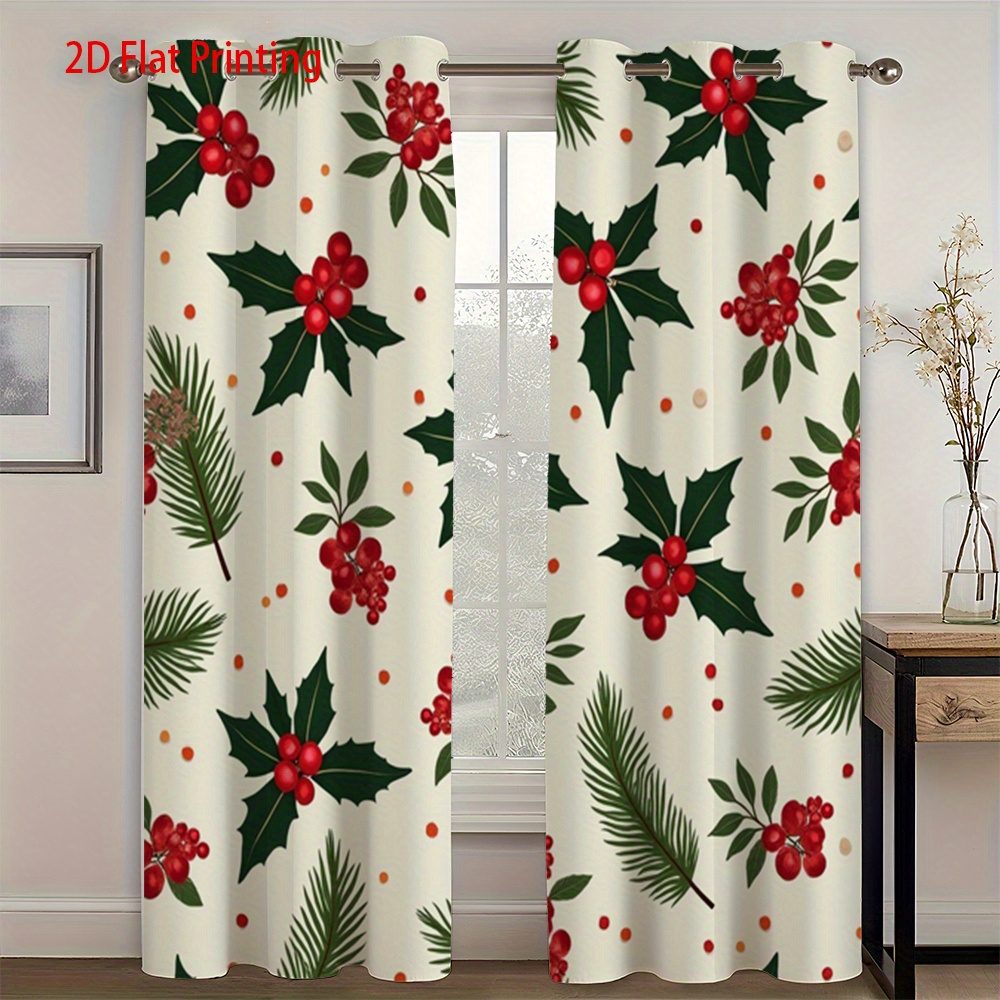 TEMU 2pcs Christmas Curtains - Red & Needles Window Drapes, Semi- Filtering Window Treatments With Grommet Top, Christma Window Curtain, Christmas