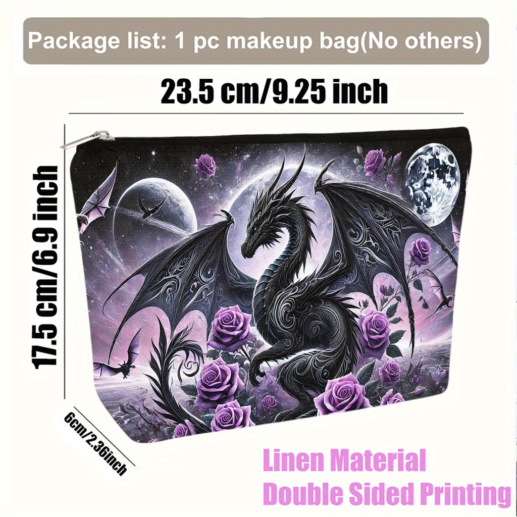 Cosmetic Bag 1pc, Dragon And Purple Roses Lightweight Foldable Makeup Bag, Travel Toiletry Pouch, Zipper Closure, Gift For Women, Best Friend Birthday Or Graduation Present, Travel Pouch