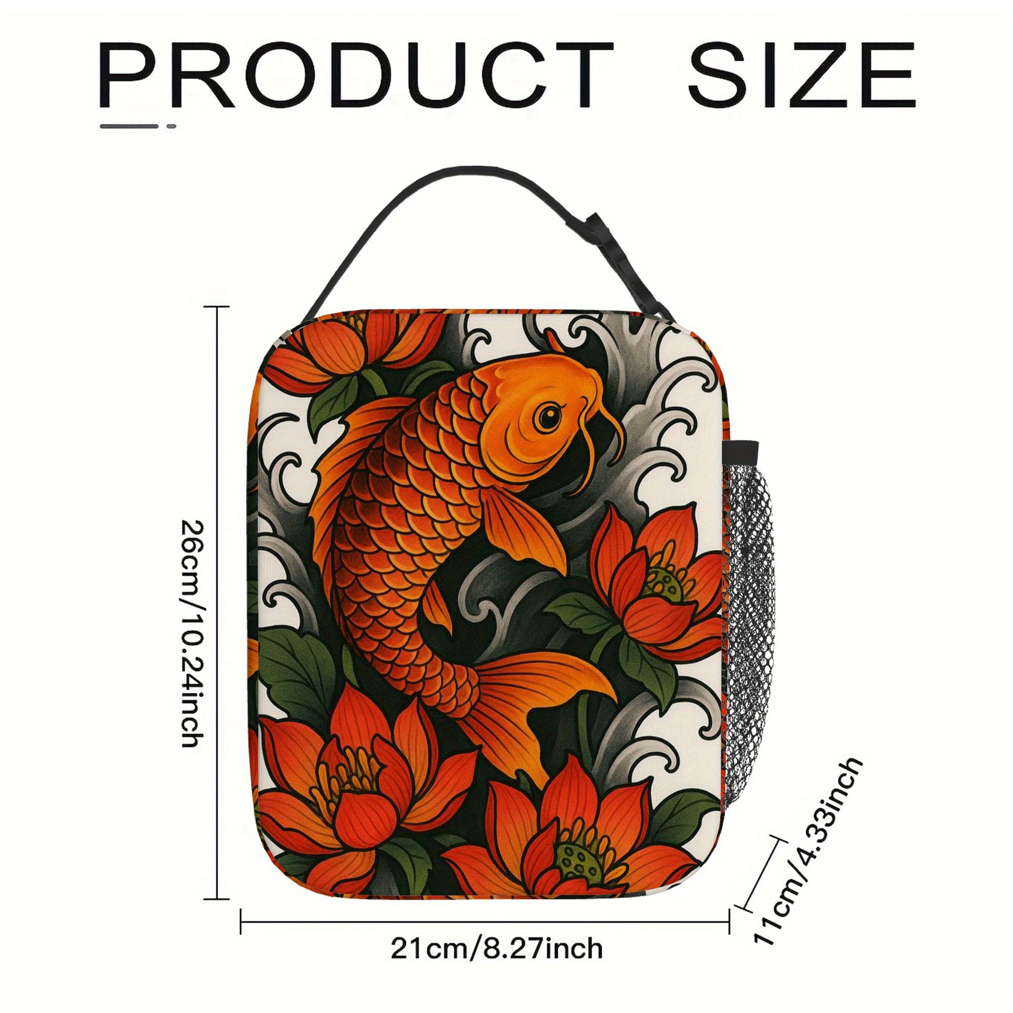 TEMU 1 pz, Borsa termica con stampa di un pesce Koi circondato da fiori di . Borsa isolante termica, non adatta al contatto con alimenti, adatta per
