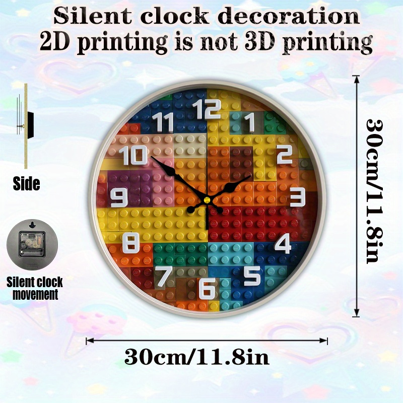 TEMU 1 szt. Zegar Ścienny w Stylu Lego z Beżową Podstawą i Kolorowymi Klockami - Cichy Mechanizm Quartz, Duże Łatwe do Odczytania Czarno-Białe