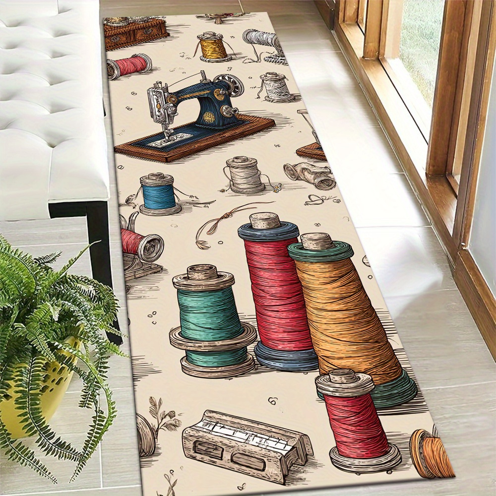item picture a vintage style carpet featuring a sewing machine and colorful spools of thread 2d printed non slip backing soft to the touch machine washable and easy to   suitable for   settings such as   kitchens bedrooms