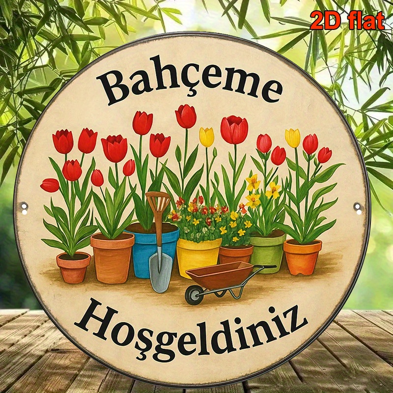 E-shop 2D Flat - 2D Ebene, 1 Stück Vintage Türkischer Stil "Willkommen im Garten" Runde Aluminium Wanddekoration - 20.32X20.32 Cm (8 Zoll) Gartentür