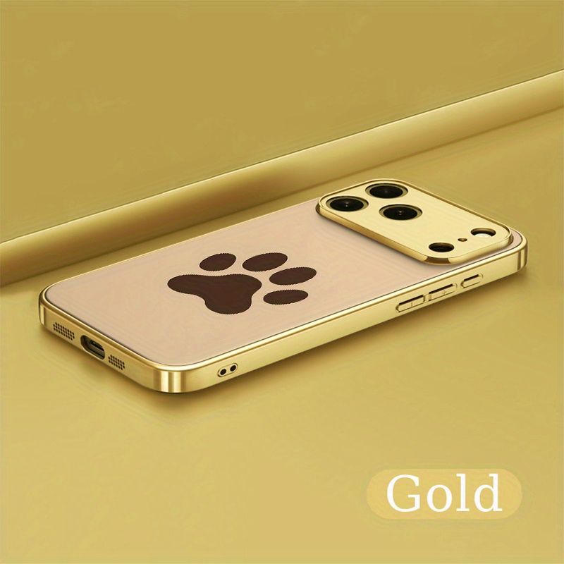 TEMU Stocking Stuffers Electroplating Tempered Glass Back Brown Paw - Print Pattern Phone Case For 17 Air 16 Pro Max 15 14 Plus 13 12 11, High - End