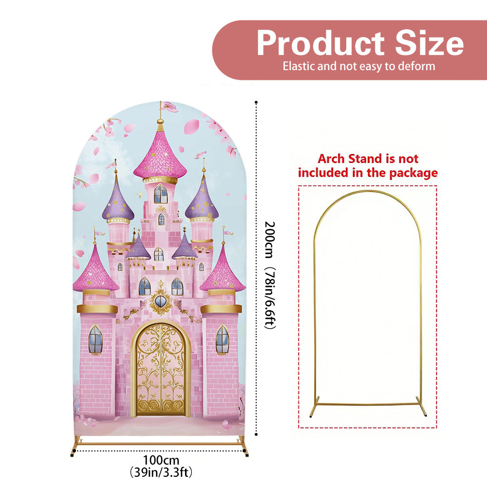 TEMU 1pc A Pink Castle Arch Backdrop Designed For Fairy Stories, Featuring 2d Flat Printing. Made From Polyester, Easy To Set Up And Perfect For