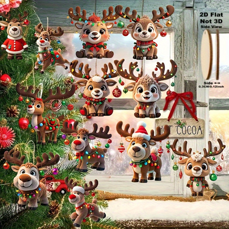 TEMU Ornements de Noël en bois, 2D plats, 12 pièces, adorables , parfaits pour suspendre aux arbres, décorations de Père Noël et articles de fête,