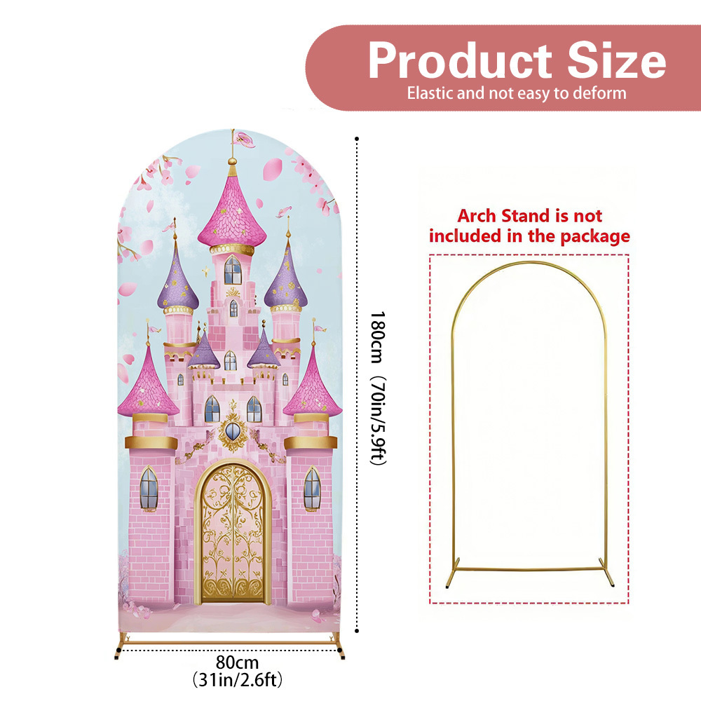 TEMU 1pc A Pink Castle Arch Backdrop Designed For Fairy Stories, Featuring 2d Flat Printing. Made From Polyester, Easy To Set Up And Dances, Indoor