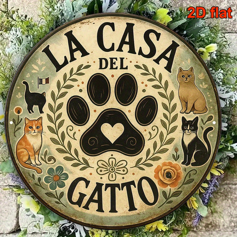 TEMU 2d Flat - 20x20cm Round Italian Aluminium Plate, Vintage Decorative Sign For "la Casa " Cat Theme Wall Art, Suitable For Living Rooms, Bedrooms,