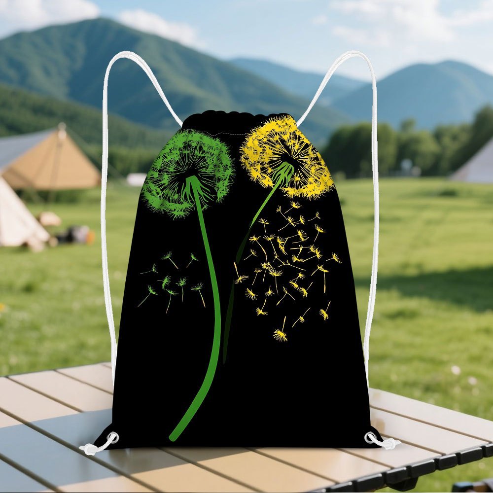 1pc womens dandelion print backpack lightweight gym travel backpack with drawstring closure soft fabric bookbag in black green yellow white ideal for yoga everyday use   washable backpack for   durable construction with multiple pockets stylish dandelion design for casual activities backpack with bows
