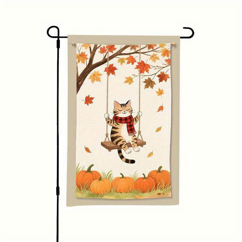 TEMU 1pc Double-sided Printed Polyester Fall Garden Flag With Swinging Cat And Pumpkin, Suitable For Lawn, Yard, Patio, Maple Decor, Patio Decor,
