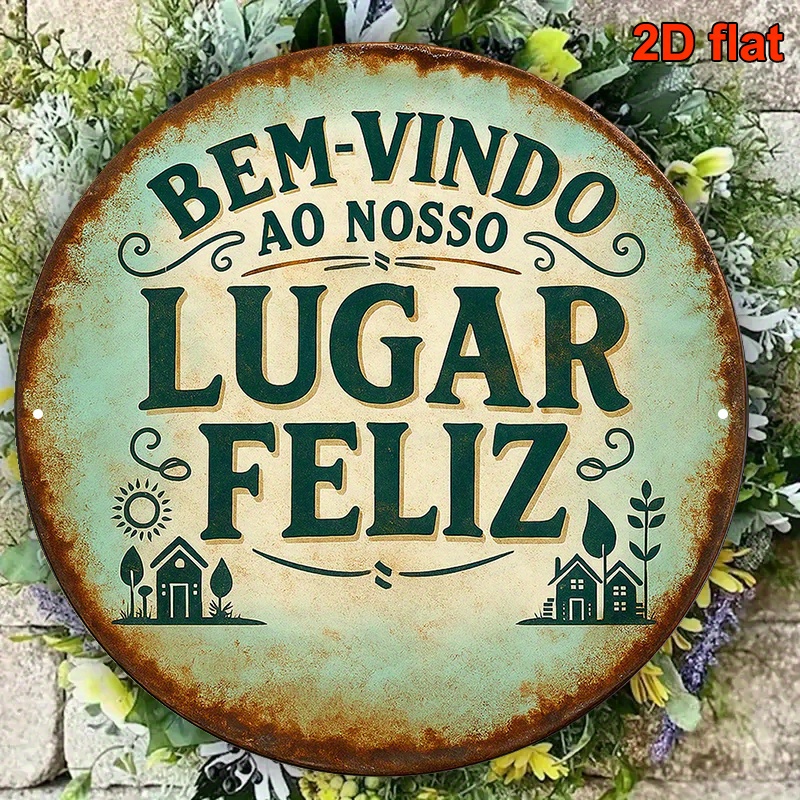 TEMU 2d Flat, Portuguese Welcome Sign " Ã Lugares/ " - Turquoise & Golden Vintage Portuguese Language Plaque & Foliage Design - 8-inch Round Aluminum