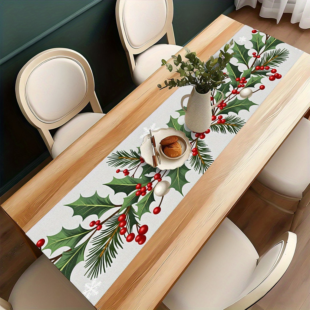 TEMU Tablecovers 1pc, A Branch Of Holly With Red Berries And White1, Festive Tablecloth, Table Decoration Table Runner, Anniversary Wedding Kitchen