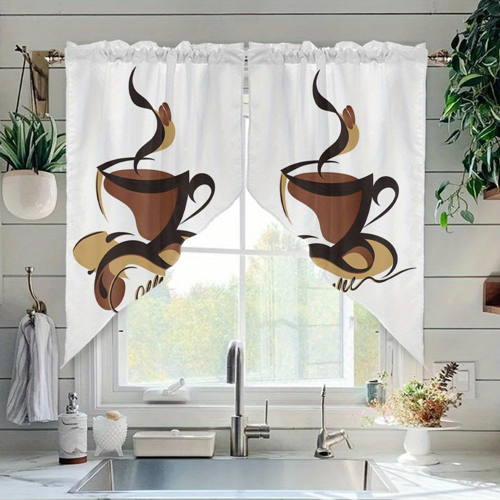 TEMU 2er-Set dreieckige, maschinenwaschbare Polyester-Vorhänge mit modernem, minimalistischem Kaffeebecher-Muster, geeignet für kleine Fenster in