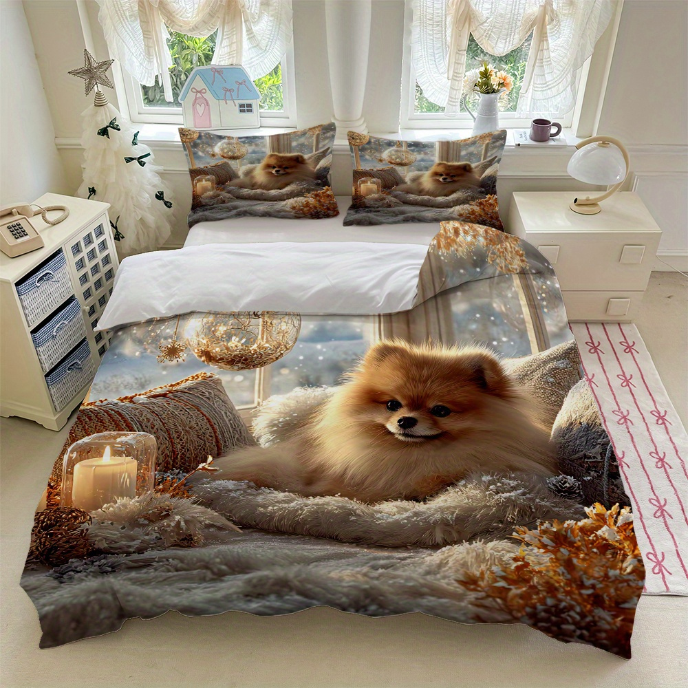 TEMU 3pcs Bedding Featuring Pomeranian Dogs In A Snowy Background (includes 1 Duvet Cover And 2 Pillowcases, Core Not Included) With Hd Printing. The