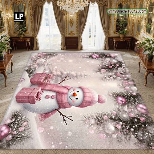 a soft and durable pink snowman christmas pattern carpet made of 850g velvet with a non slip dot plastic backing it features double locked edges is machine washable and easy to suitable for living rooms bedrooms decorative purposes