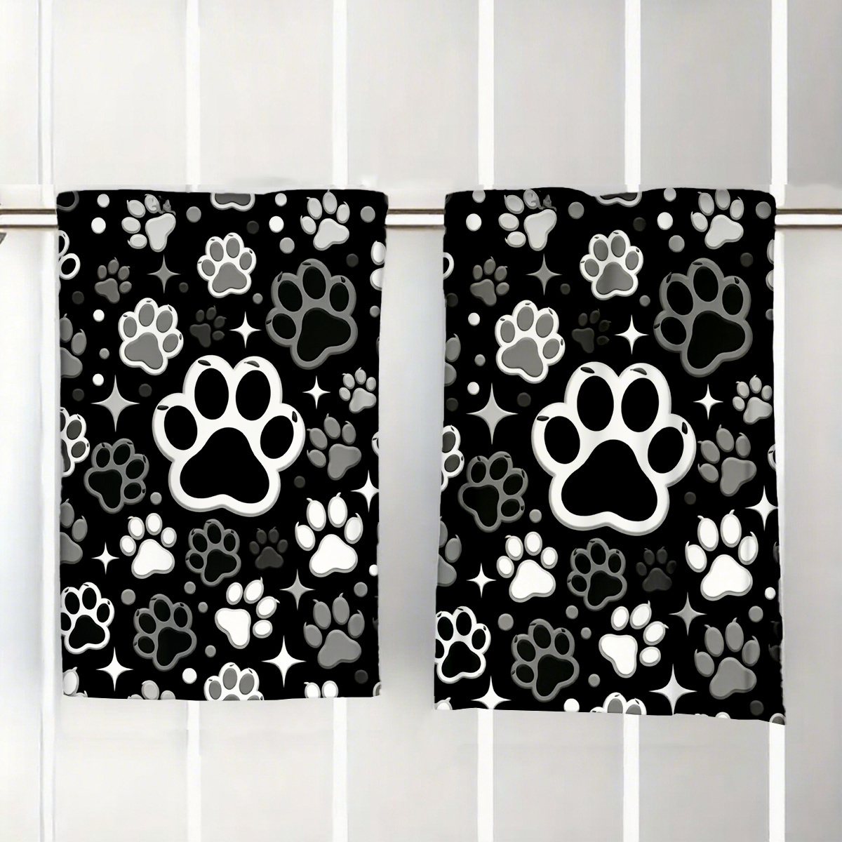 TEMU 2pcs Black Background Paw Print Themed Fingertip Towel/kitchen Towel, Single-sided Print, Dog Paw Print Pattern, Soft, Comfortable, And Durable,