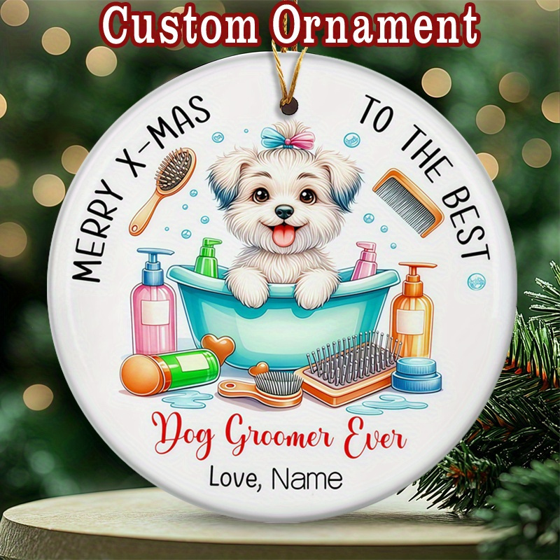 TEMU 1pc Personalized Dog Groomer Christmas Ornament - Custom Name/number/text, Ceramic Grooming Tools & Puppy Bathtub Pendant - Pet Groomer Gift,