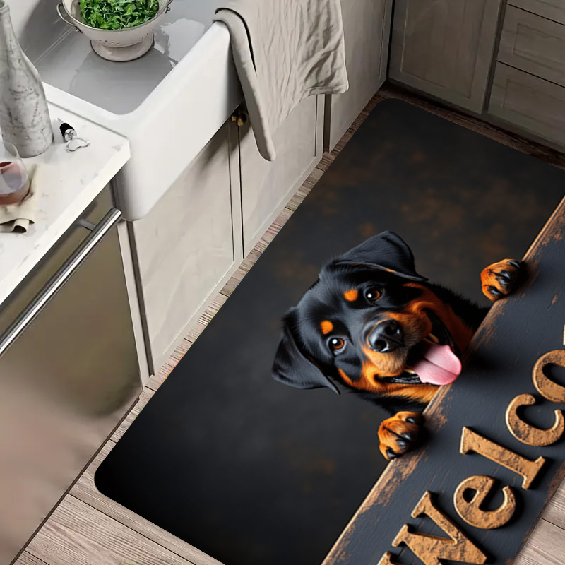 TEMU A Rottweiler Dog Sticks Out Its Tongue And , Resting Its Paws On A Wooden Board That "welcome." Below Is An Outdoor Entrance Mat, A Flannel