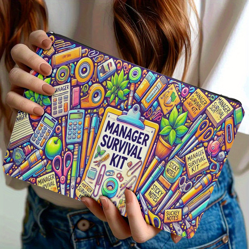 TEMU Cosmetic Bag 1pc, Manager Survival Kit, Double-sided Printing | Travel Toiletry Bag | Zipper Closure | Durable Fabric, Soft And Bright Colors,