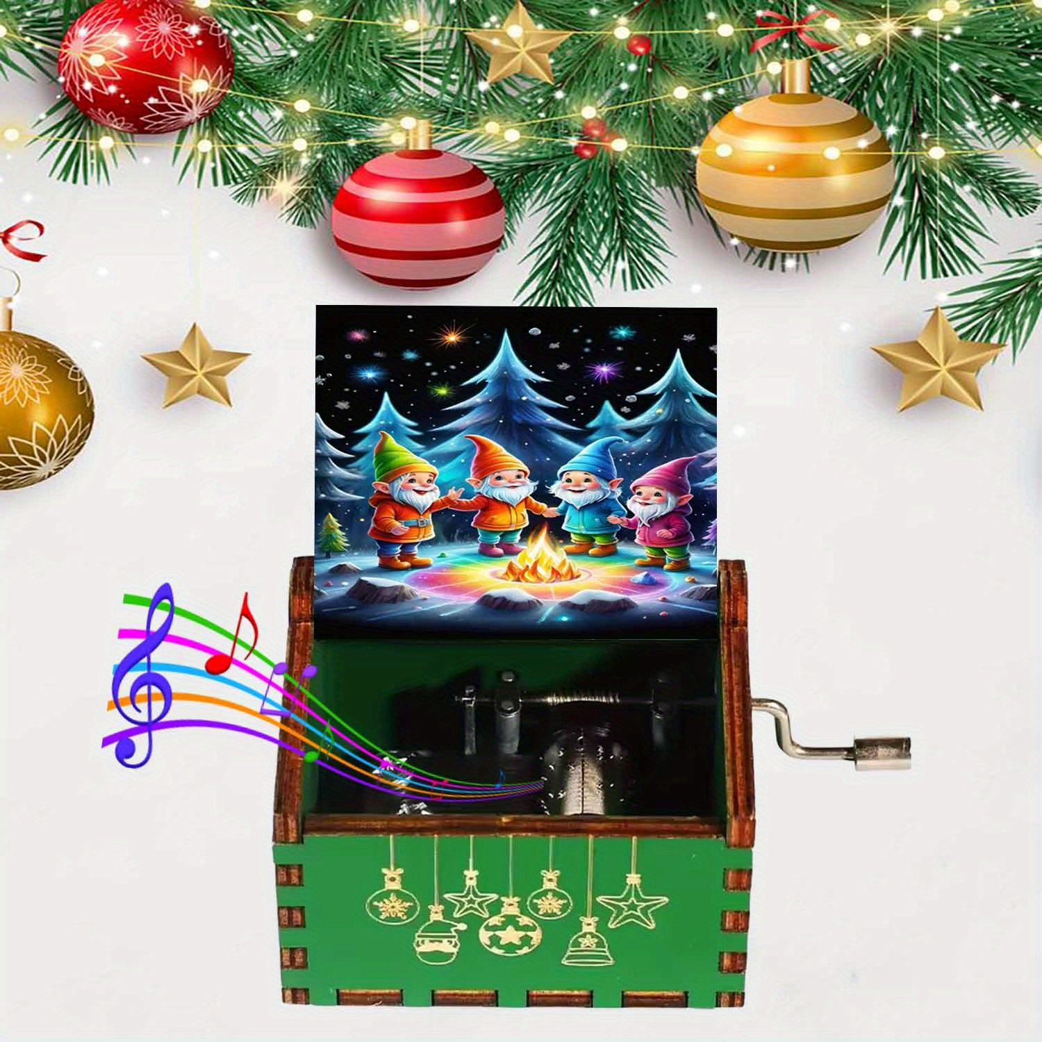 Image of Vintage Wooden Box With A Hand Crank, Featuring A Gnomes Design, Perfect As A Christmas Present For Suitable For Birthdays, New Year's Gifts, And As A Decorative Item