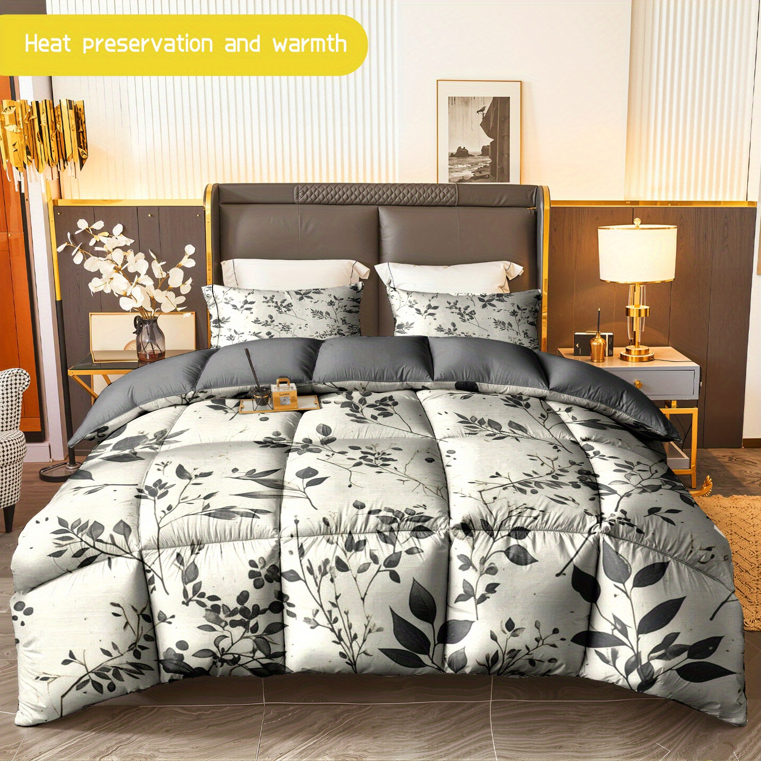 TEMU 3pcs (1 Comforter + 2 Pillowcases) Soft Warm Hypoallergenic Bedding Set With Leaf Pattern, Wrinkle & Fade Resistant, Queen/king/full Size, For