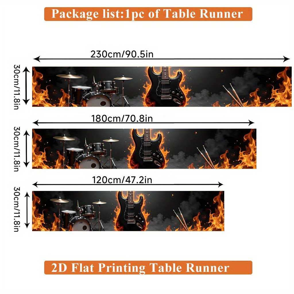 TEMU 2d Flat Printing Table Runner 1pc, Rock Instruments With Flames Rectangular Table Runner, Polyester, For Dining Table, Coffee Table, Home Party