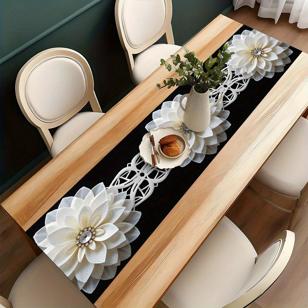 Tablecovers 1pc, White Floral Ornament Design, Festive Tablecloth, Table Decoration Table Runner, Anniversary Wedding Kitchen Table Decoration, Suitable For Home, Kitchen, Outdoor Party
