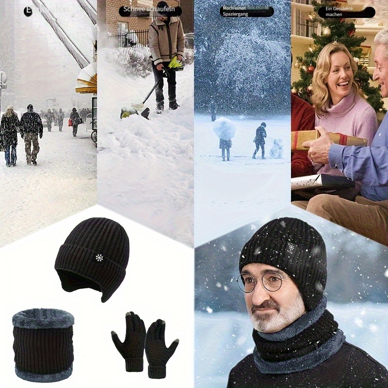 Ensemble d'hiver trois pièces comprenant un bonnet, un couvre-cou et des gants tactiles - Chapeau épais et chaud en tricot pour la protection des oreilles avec doublure en polaire pour une tenue décontractée en extérieur, idéal pour Noël, sans batterie