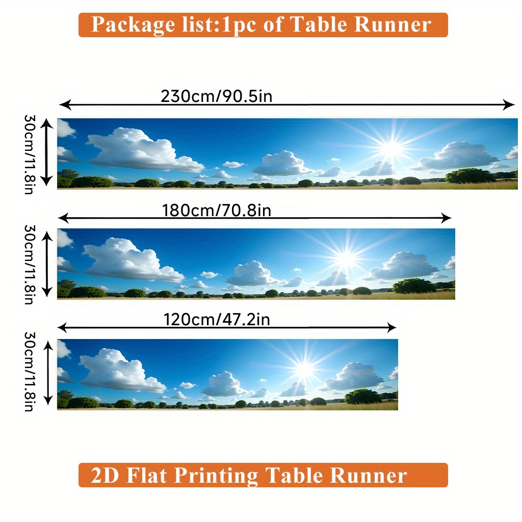 E-shop Tischläufer mit 2D-Flachdruck, ., rechteckiger Tischläufer mit Wolken-, Sonnen-, Bäume-Landschaftsmotiv, Polyester, für Esstisch, Couchtisch,