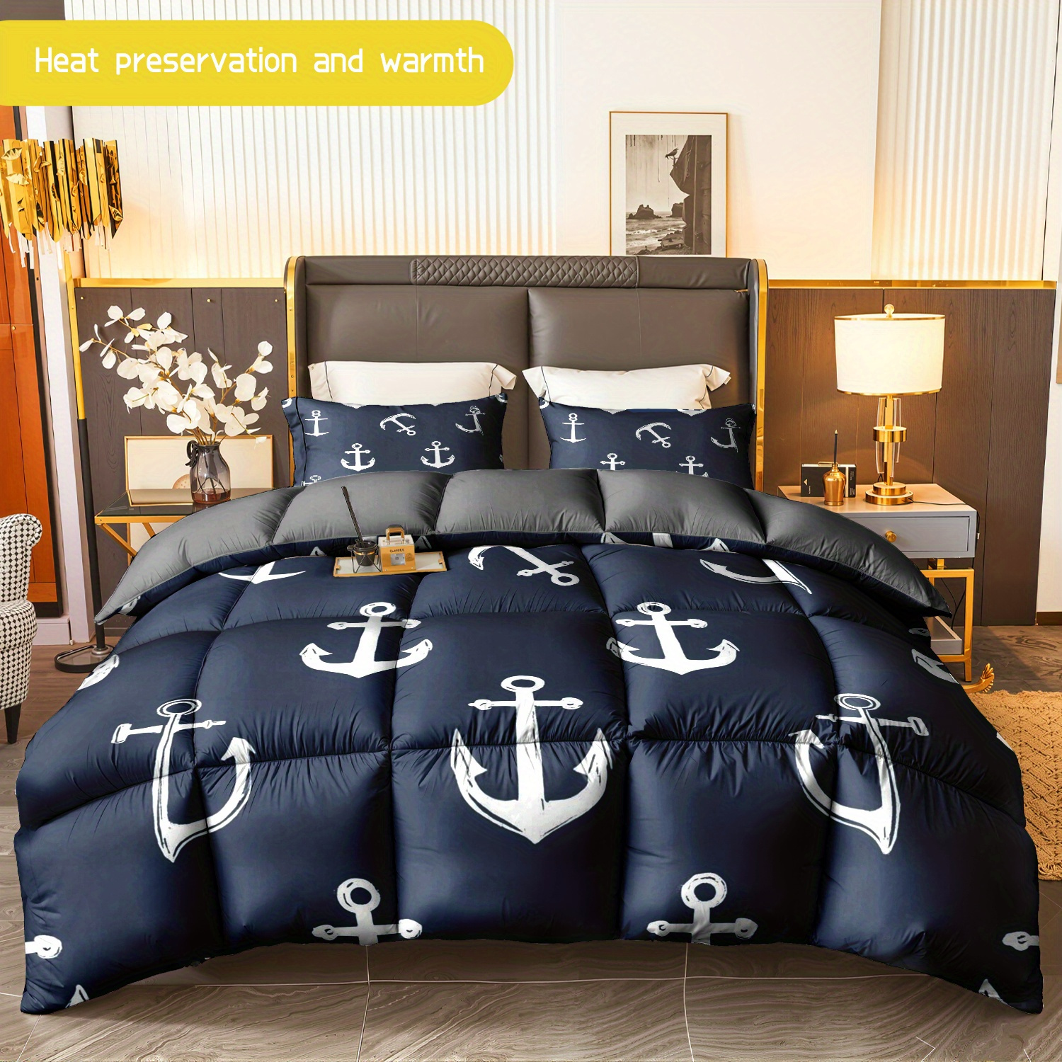 TEMU 3pcs Bedding (1 Comforter And 2 Pillowcases) Featuring A Navy Blue Anchor Design, Suitable For , Soft, Warm, And Hypoallergenic. Resistant To
