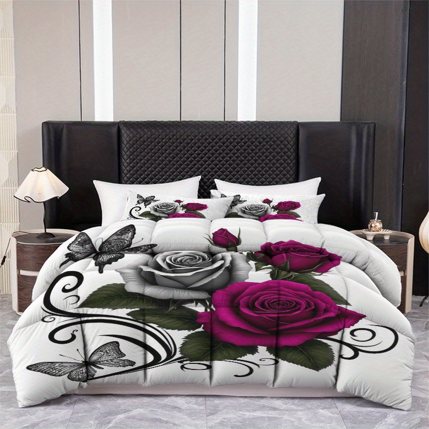 TEMU 3pcs (1 Comforter + 2 Pillowcases) Soft Warm Hypoallergenic Bedding Set, Wrinkle & Fade Resistant, Queen/king/full Size, Pattern With Roses And