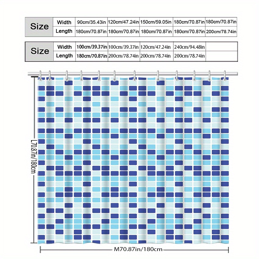 Blue and White Square Pattern Shower Curtain with Hooks, Washable