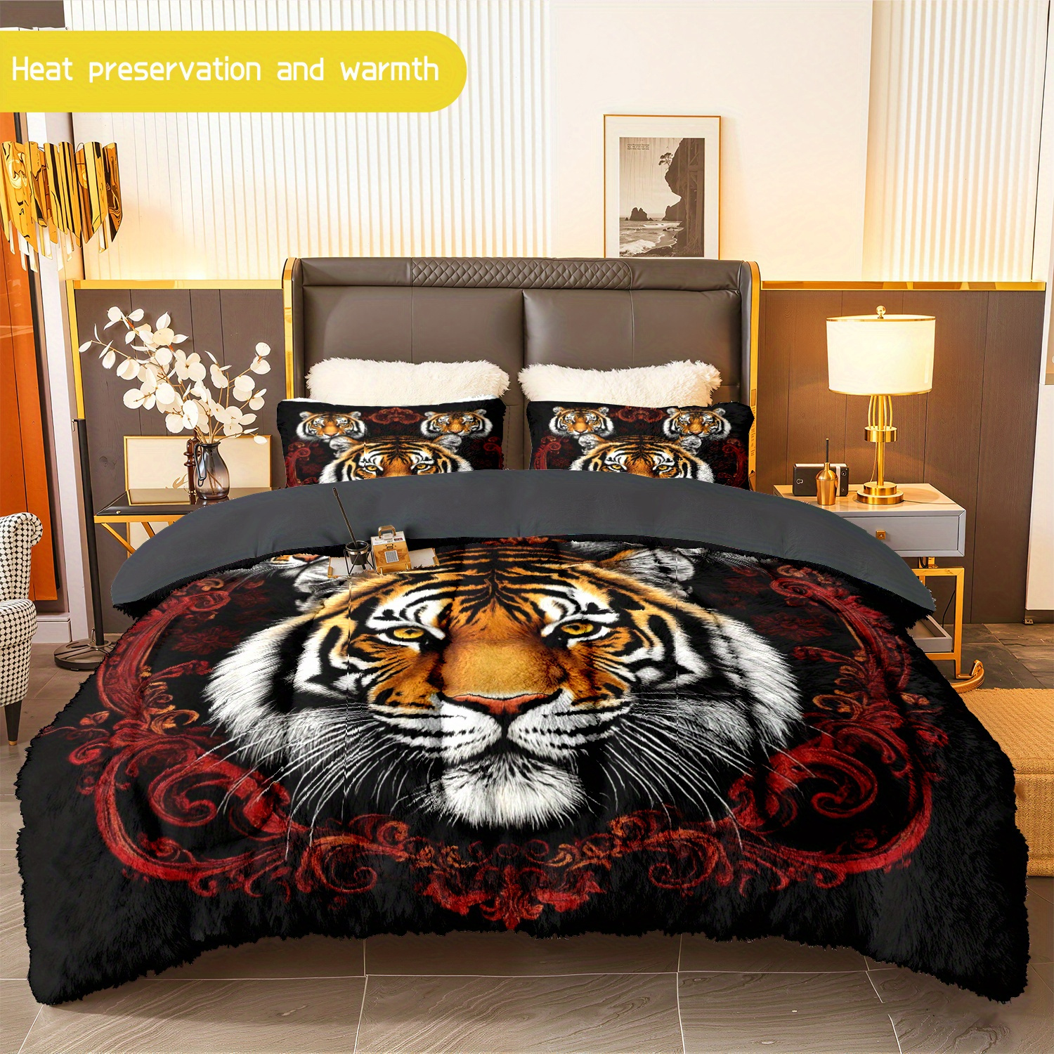 TEMU 3pcs Bedding Featuring A Tiger Pattern, Including 1 Comforter And 2 Pillowcases. Suitable For , Soft, Warm, Hypoallergenic, And Resistant To