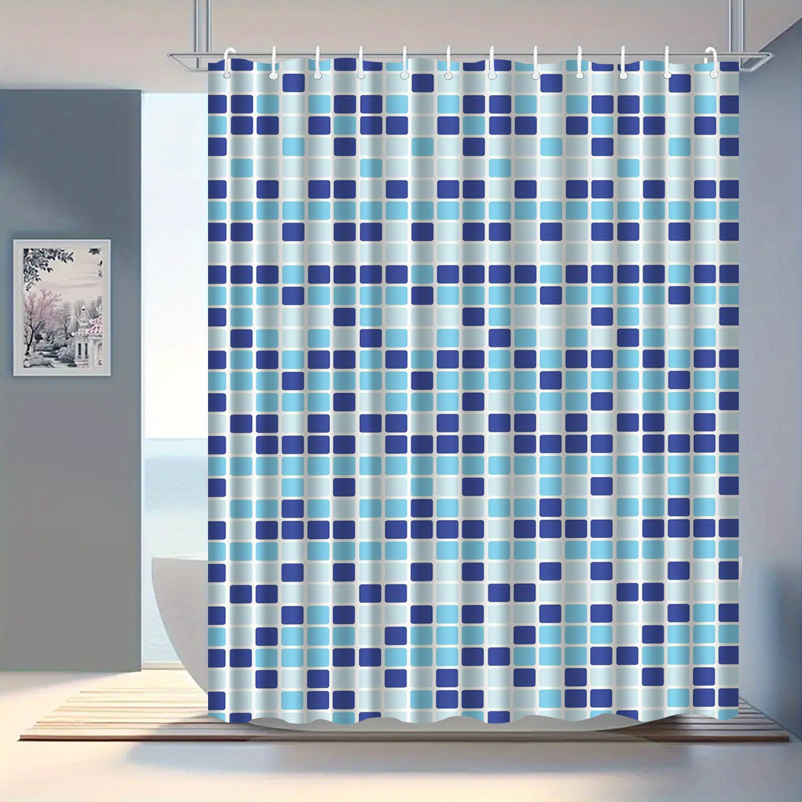 Blue and White Square Pattern Shower Curtain with Hooks, Washable